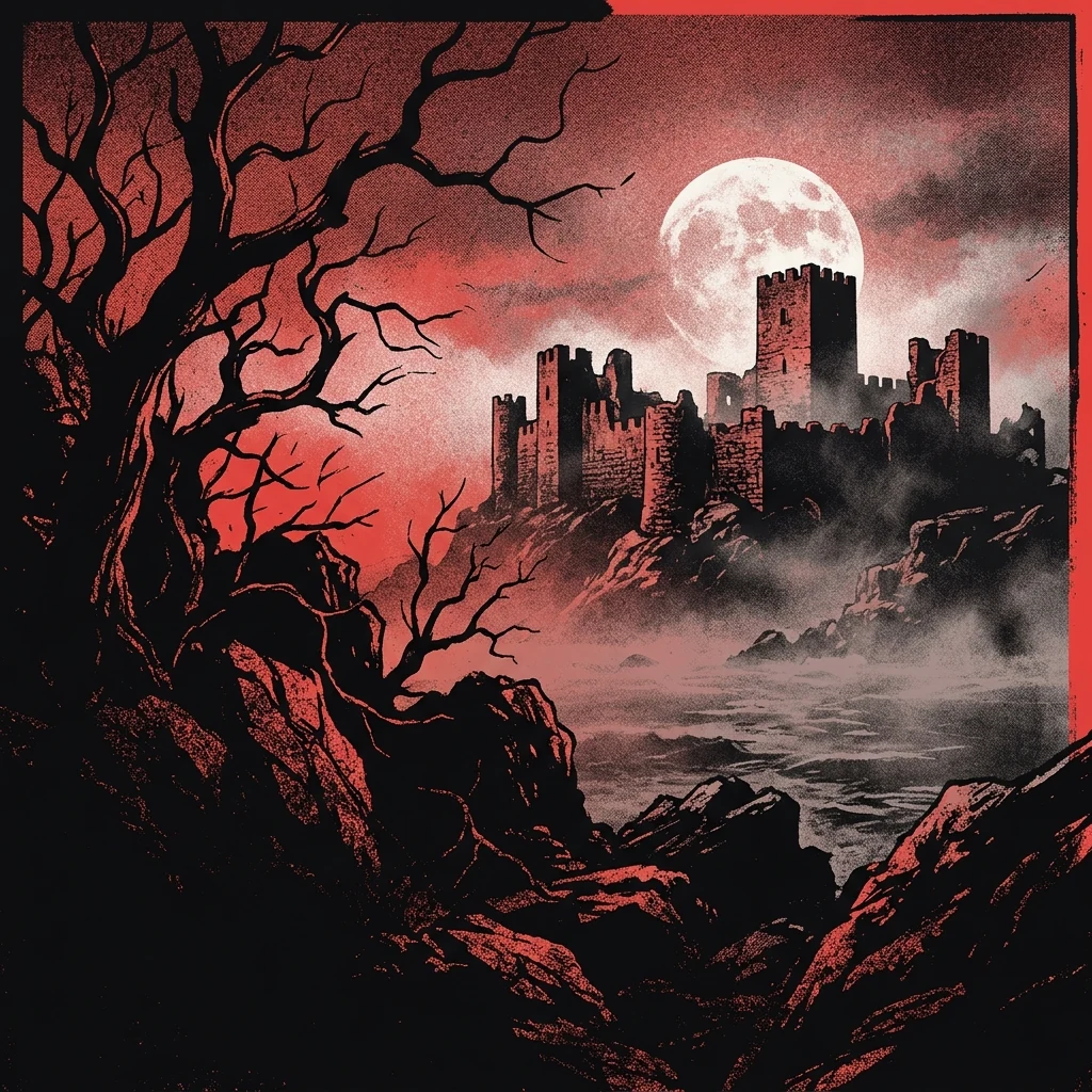 ilustración tributo de una luna llena sobre las ruinas de un castillo lusitano en la costa atlántica, niebla densa y árboles de ramas retorcidas en primer plano, atmósfera gothic black metal años 90, sin rostros reconocibles ni logos, paleta rojo y negro