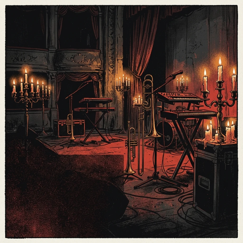 ilustración tributo de un escenario de teatro antiguo iluminado por velas con instrumentos de metal y teclados en penumbra, atmósfera gothic metal portugués contemporáneo, sin rostros ni logos, paleta rojo y negro con destellos de ámbar
