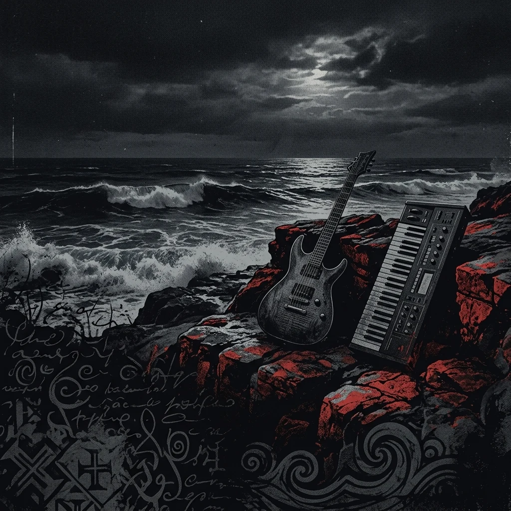 ilustración tributo de una guitarra eléctrica y un teclado sobre un fondo de olas atlánticas bajo luz de luna, motivos de poesía manuscrita y simbología lusitana, atmósfera gothic metal ibérico, sin texto ni logotipos, paleta rojo y negro con toques plateados