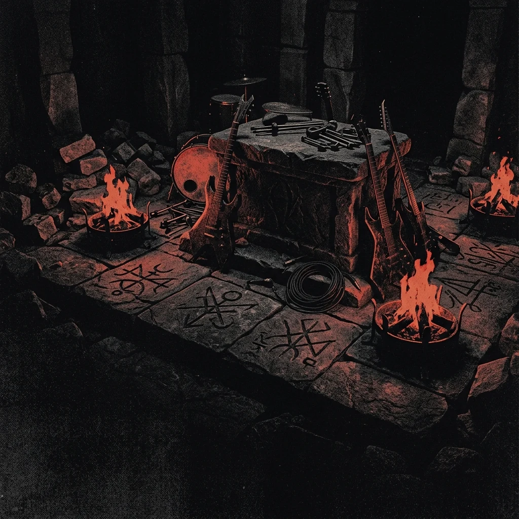 ilustración tributo de un altar de piedra negra rodeado de llamas bajas y símbolos ocultos grabados en el suelo de una cripta, atmósfera death metal Tampa Florida años 80, sin rostros reconocibles ni logos, paleta rojo sangre y negro absoluto