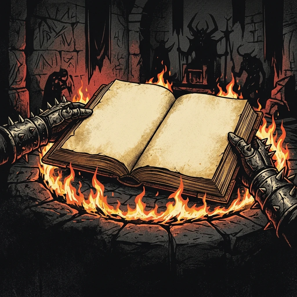 ilustración tributo de un tomo antiguo abierto sobre un círculo de fuego con inscripciones en un idioma desconocido, atmósfera death metal ocultista años 90, sin rostros ni logos, paleta rojo y negro con destellos dorados