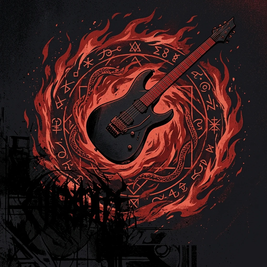 ilustración tributo de una guitarra eléctrica de cuerpo oscuro suspendida sobre un vórtice de llamas y símbolos ocultos en espiral, atmósfera death metal técnico y ritual, sin texto ni logotipos, paleta rojo sangre y negro absoluto con destellos de cobre