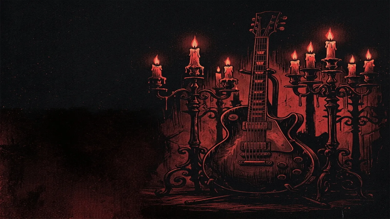 ilustración tributo de una guitarra eléctrica enmarcada por candelabros y sombras dramáticas sobre fondo negro, paleta rojo carmesí y negro, estética de horror gótico, sin rostros reconocibles ni logos