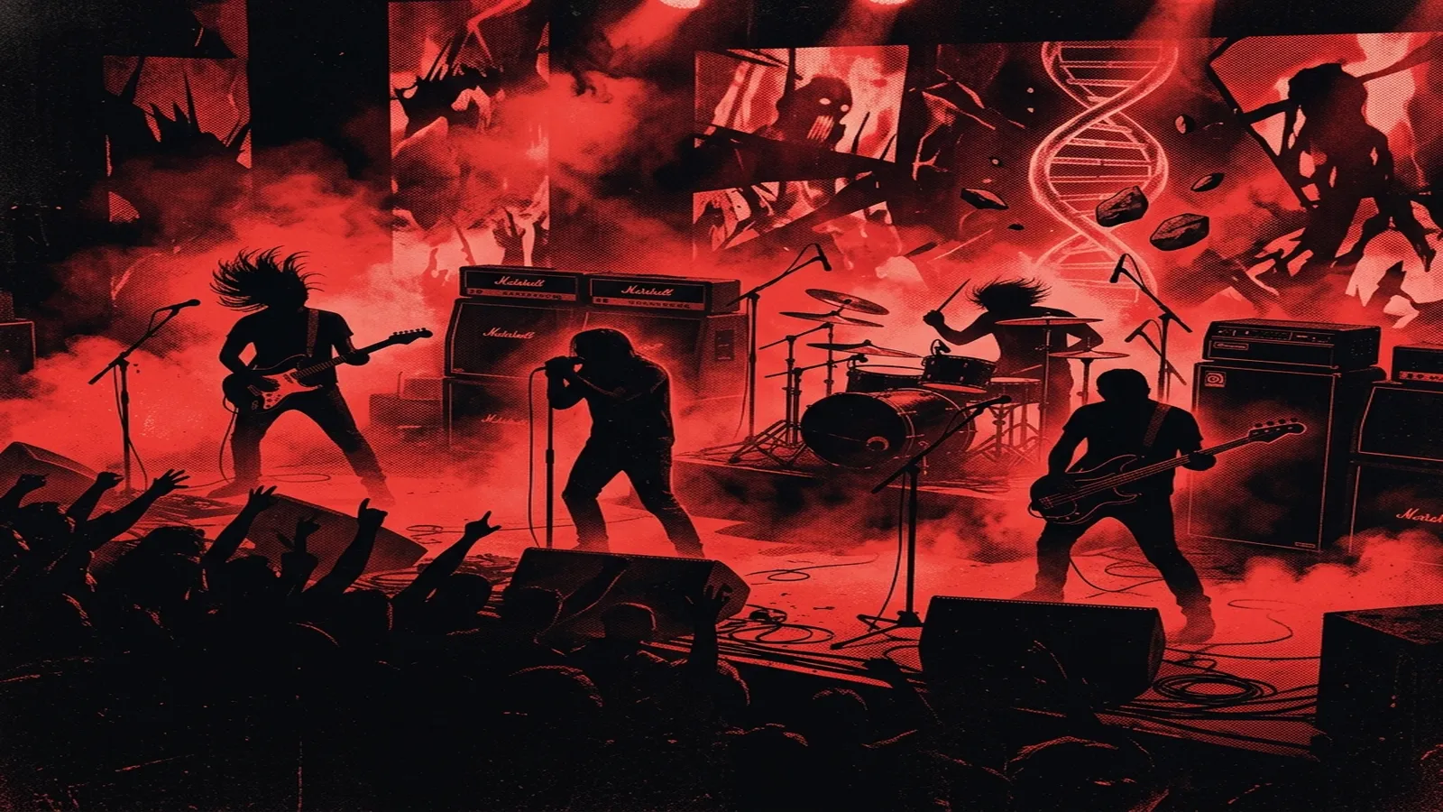 ilustración tributo de un escenario de concierto envuelto en humo rojo y proyecciones de horror, siluetas de instrumentos y amplificadores bajo luz intensa, paleta rojo y negro, sin rostros ni logos