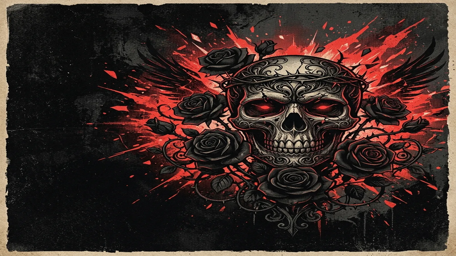 ilustración tributo de una calavera estilizada rodeada de rosas negras y destellos rojos, motivos de horror gótico y metalcore, paleta rojo carmesí y negro profundo, sin texto ni logotipos