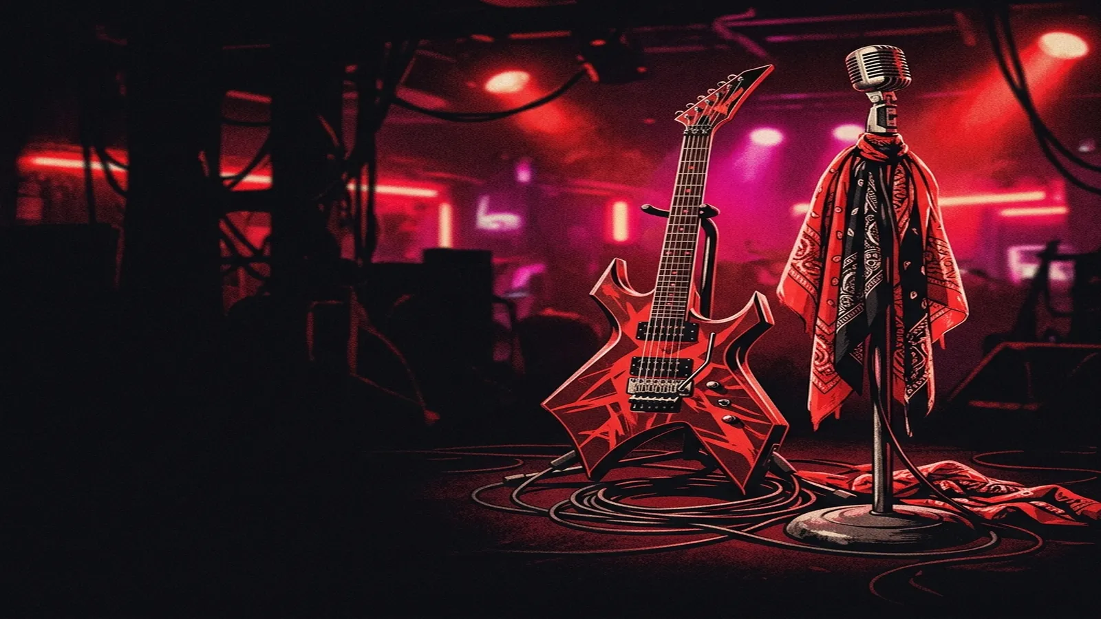 ilustración tributo de cuatro figuras con cuero negro y tachuelas de espaldas frente a un muro de amplificadores bajo luces del Sunset Strip, humo de escenario y neón rojo, atmósfera glam metal Los Ángeles 1981, paleta rojo y negro, sin rostros reconocibles ni logos