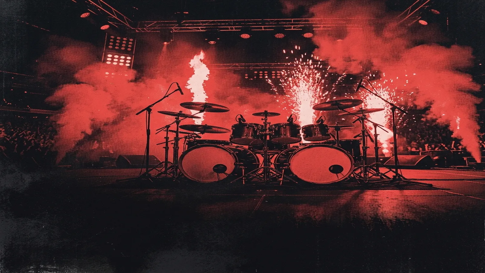 ilustración tributo de una guitarra eléctrica volcada sobre un escenario de estadio con confeti rojo y llamas al fondo, baquetas en el suelo, atmósfera rock posapoteósico años 90 y 2000, paleta rojo y negro, sin rostros ni logos