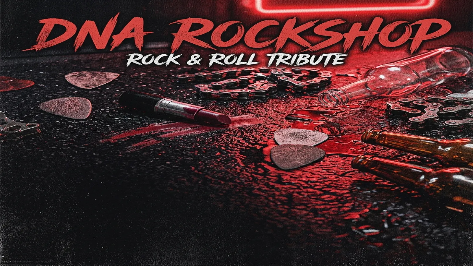 ilustración tributo de un collage de cuero negro, tachuelas plateadas, llamas rojas y una guitarra eléctrica de perfil sobre fondo negro con destellos rojo oscuro, estética glam metal años 80, paleta rojo y negro, sin texto ni logotipos