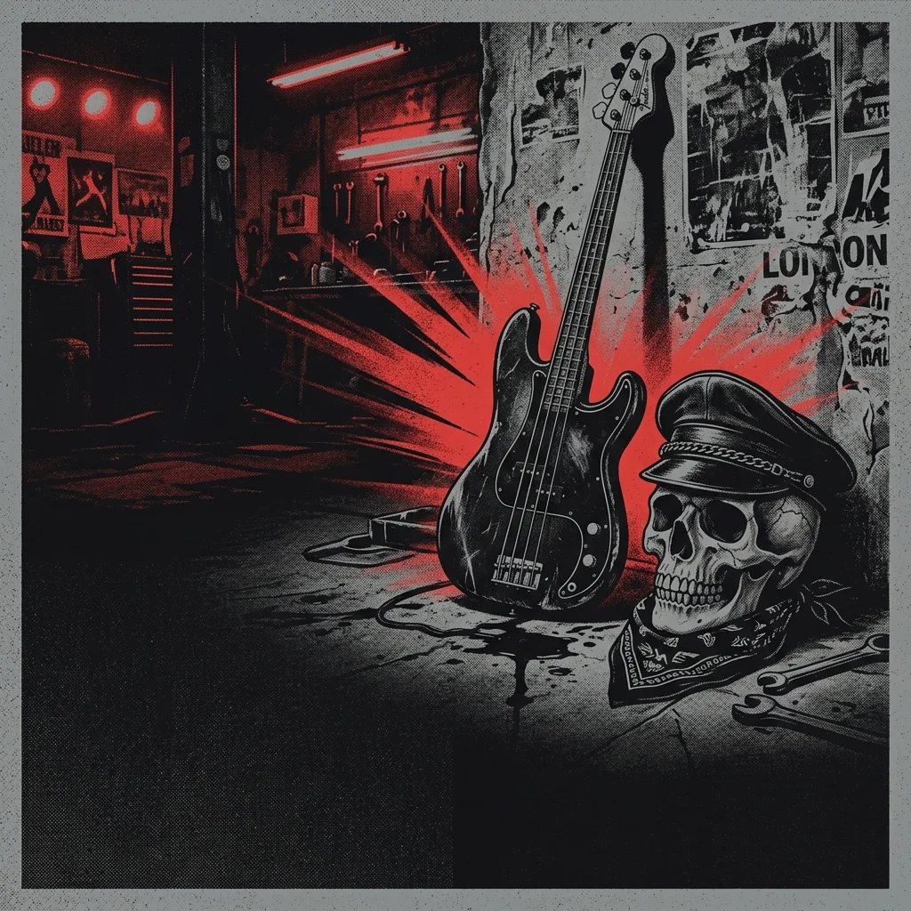 ilustración tributo de un bajo eléctrico y una calavera biker sobre fondo oscuro con destellos rojos, atmósfera de garaje londinense de los 70, paleta rojo y negro, sin rostros reconocibles ni logos
