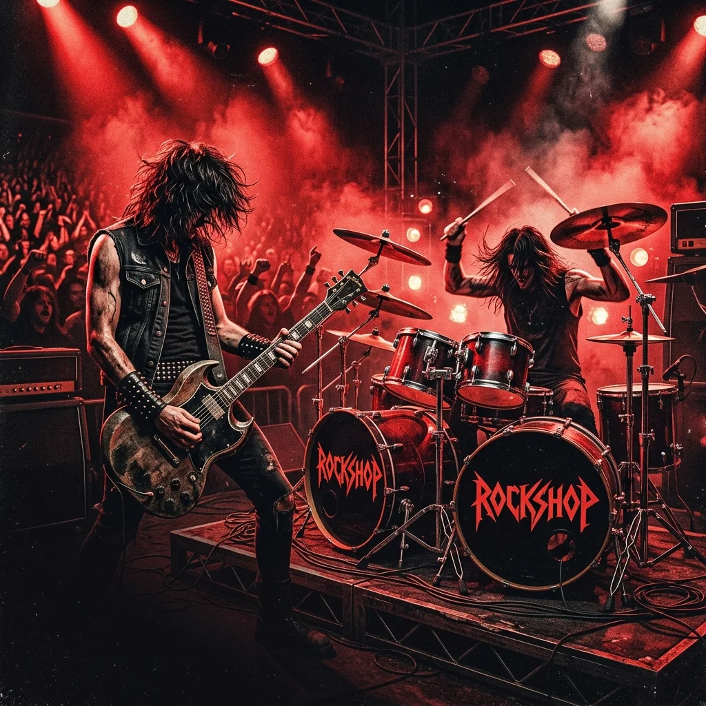 ilustración tributo de una guitarra eléctrica y un set de batería bajo luces de escenario rojas, atmósfera de concierto masivo de heavy metal de los 80, paleta rojo y negro, sin rostros identificables ni logos