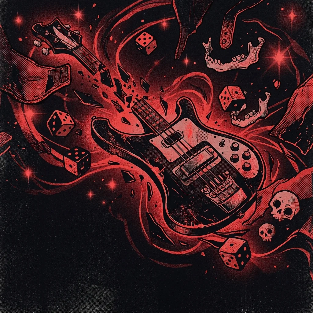ilustración tributo de un bajo Rickenbacker distorsionado con dados y calaveras flotando en un espacio oscuro con destellos rojos y texturas de cuero, paleta rojo y negro, sin texto ni logotipos
