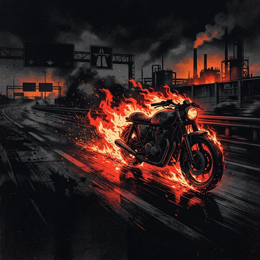 ilustración tributo de una moto a toda velocidad en una carretera nocturna alemana rodeada de llamas, sin rostros reconocibles ni logos, atmósfera cruda e industrial, paleta rojo y negro