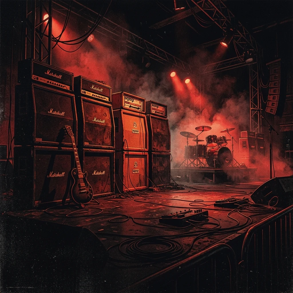 ilustración tributo de un escenario iluminado por luces rojas con amplificadores apilados y humo, atmósfera de concierto heavy rock en sala oscura, paleta rojo y negro, sin rostros ni logos