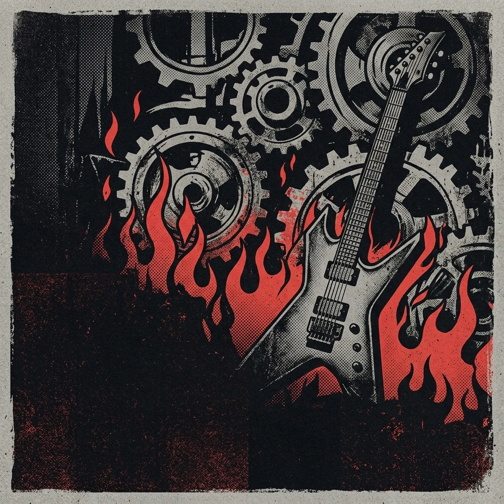 ilustración tributo de una guitarra eléctrica sobre un fondo de engranajes industriales y llamas, estética heavy rock contemporánea, sin texto ni logotipos, paleta rojo y negro