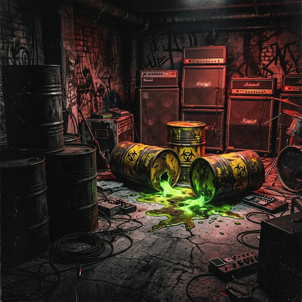 ilustración tributo de bidones de residuos radioactivos derramándose en un sótano con amplificadores encendidos, atmósfera de underground hardcore, paleta rojo y negro intensa, sin rostros reconocibles ni logos