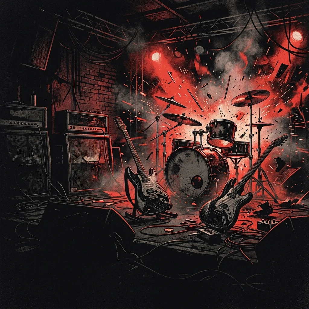 ilustración tributo de un escenario de club pequeño inundado de energía con chispas y residuos volando, atmósfera de concierto underground explosivo, paleta rojo y negro, sin rostros ni logos