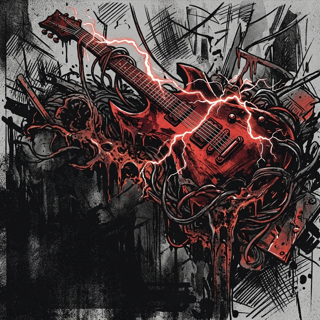 ilustración tributo de una guitarra eléctrica envuelta en residuos tóxicos y chispas de electricidad, estética de fanzine punk-metal, paleta rojo y negro sin texto ni logotipos