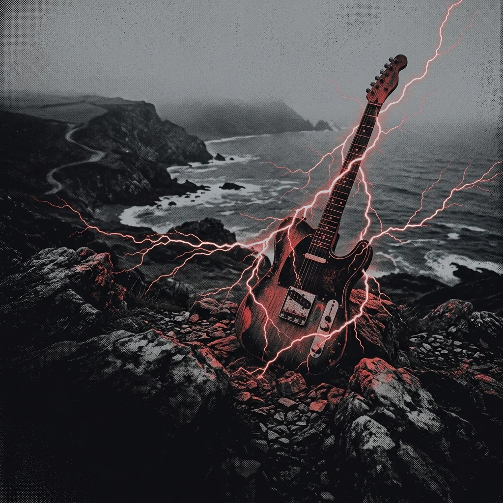 ilustración tributo de una guitarra eléctrica envuelta en rayos eléctricos sobre un paisaje costero brumoso de Devon, atmósfera post-Radiohead y prog británico, paleta rojo y negro, sin rostros reconocibles ni logos