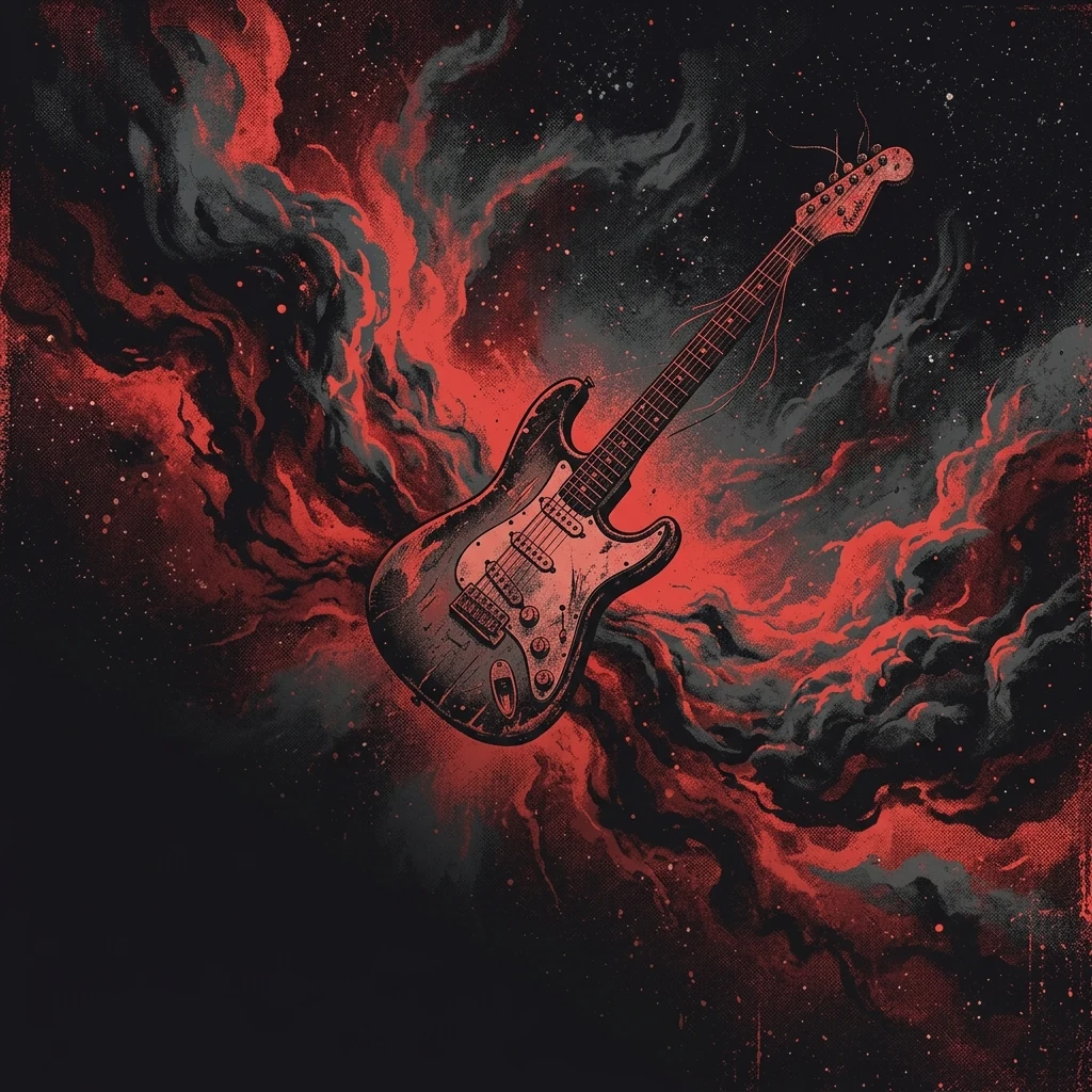 ilustración tributo de una nebulosa de colores oscuros con una guitarra eléctrica flotando en el espacio, atmósfera de space rock y distopía cósmica, paleta rojo y negro, sin rostros ni logos