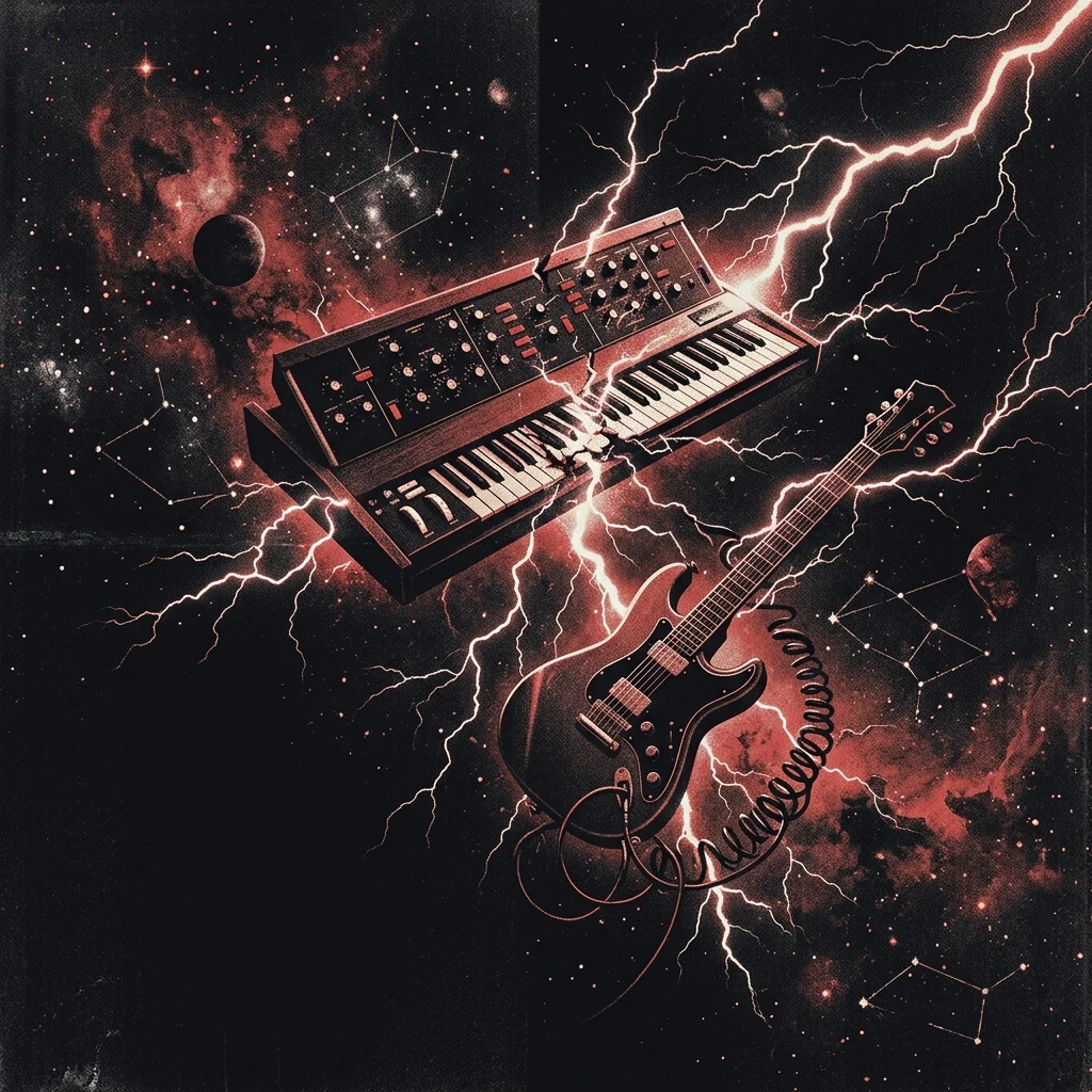 ilustración tributo de un teclado de piano y una guitarra eléctrica suspendidos entre constelaciones y rayos eléctricos, atmósfera de rock progresivo y drama cósmico, paleta rojo y negro, sin texto ni logotipos