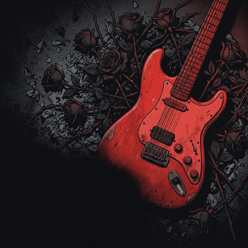ilustración tributo de una guitarra eléctrica roja sobre un fondo de ceniza y rosas negras, atmósfera oscura y teatral propia del emo de Nueva Jersey de principios de los 2000, paleta rojo y negro, sin rostros reconocibles ni logos