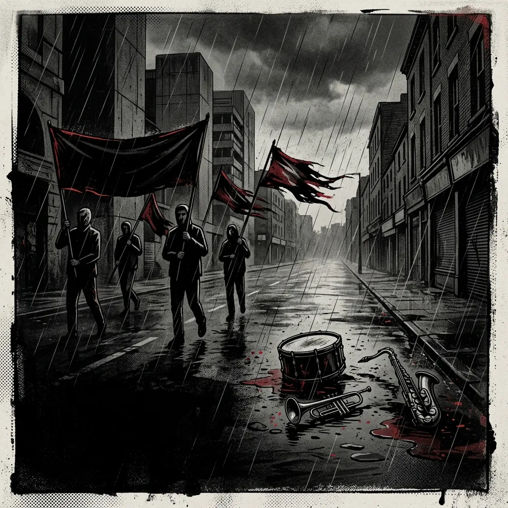 ilustración tributo de un desfile fúnebre bajo lluvia en una calle vacía, estandartes negros al viento, instrumentos abandonados sobre asfalto mojado, atmósfera entre grandiosidad y soledad, paleta rojo y negro, sin rostros ni logos