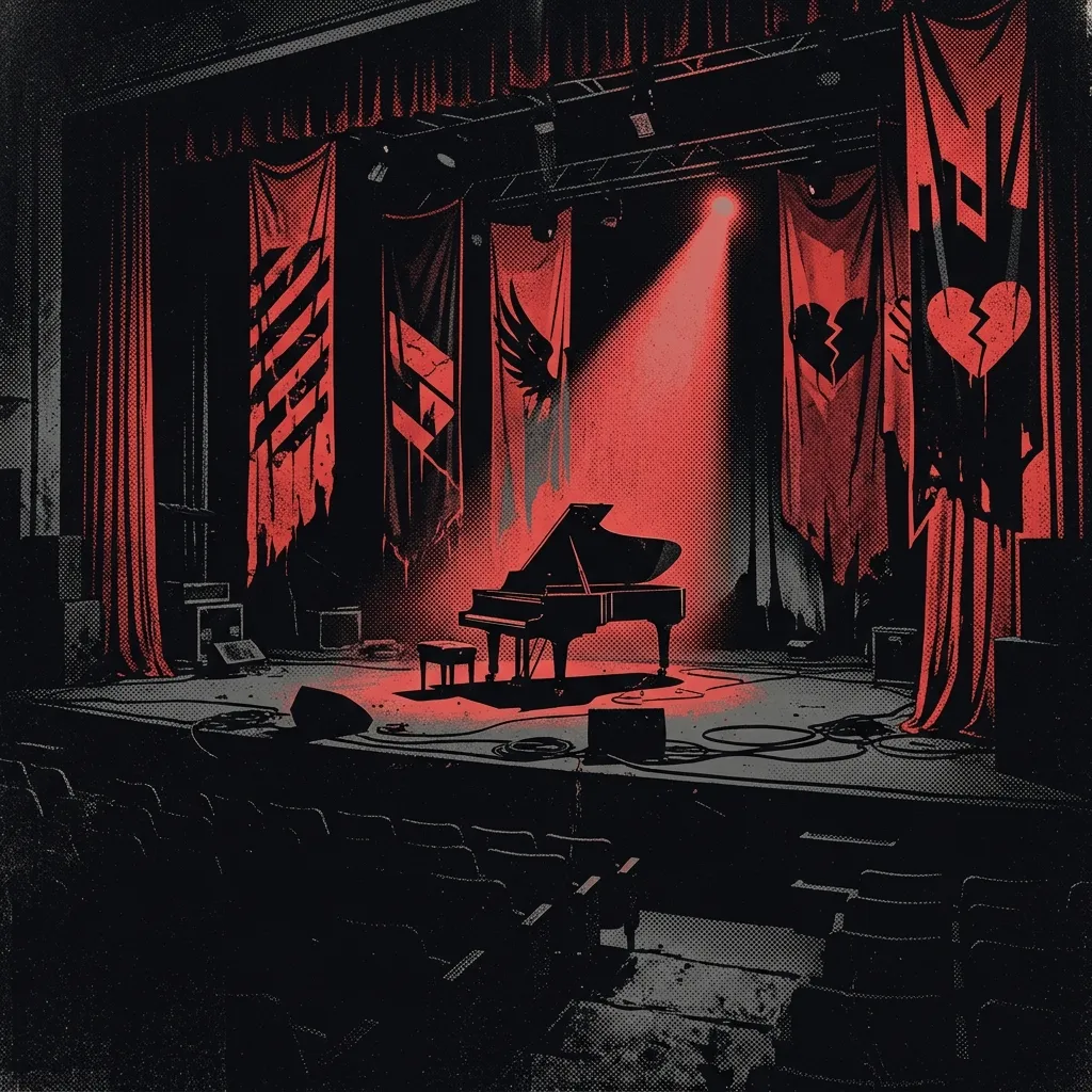 ilustración tributo de un escenario de concierto vacío con estandartes negros y rojos, un piano de cola solitario bajo un foco, atmósfera entre grandiosidad y melancolía, estética emo teatral de los 2000, paleta rojo y negro, sin texto ni logotipos