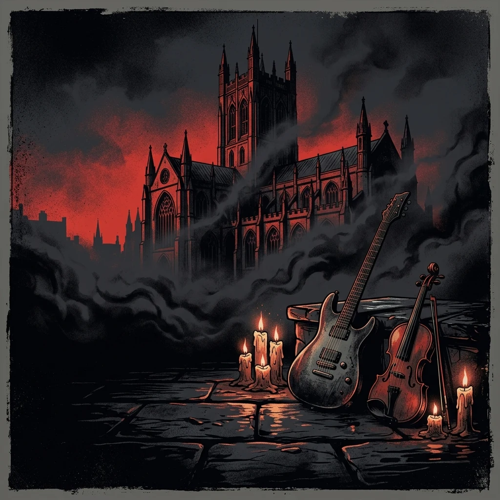 ilustración tributo de una catedral gótica entre brumas nocturnas de Bradford, guitarras pesadas y un violín solitario en primer plano, velas encendidas sobre piedra húmeda, paleta rojo oscuro y negro, sin rostros reconocibles ni logos