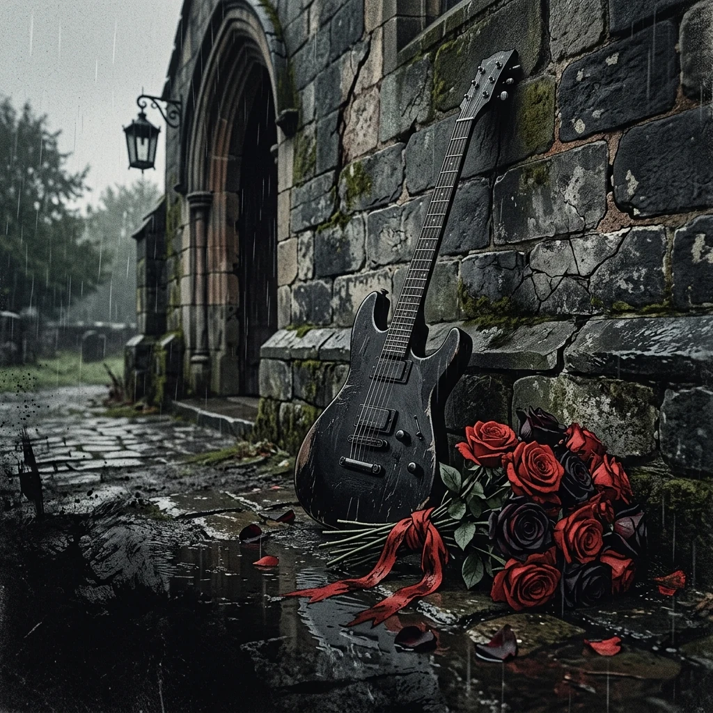 ilustración tributo de rosas negras sobre piedra antigua bajo lluvia inglesa, una guitarra eléctrica apoyada contra la pared de una iglesia, atmósfera de duelo y belleza oscura, paleta carmín y negro, sin rostros ni logos