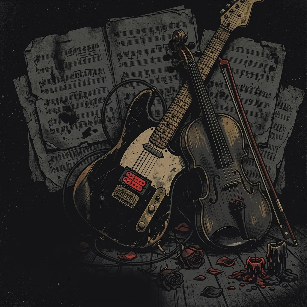 ilustración tributo de un violín y una guitarra eléctrica entrelazados sobre un fondo de partituras oscuras, motivos de pétalos marchitos y cera de vela, paleta rojo y negro con detalles dorados apagados, sin texto ni logotipos