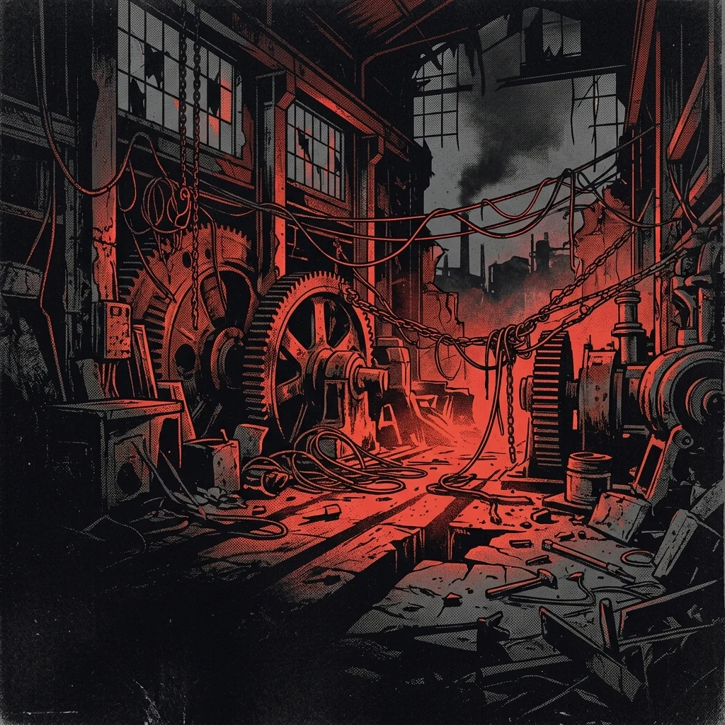 ilustración tributo de una fábrica abandonada de Birmingham con engranajes oxidados y cables eléctricos como guitarras distorsionadas, atmósfera grindcore underground años 80, luz roja industrial desde el suelo, sin rostros reconocibles ni logos, paleta rojo sangre y negro profundo