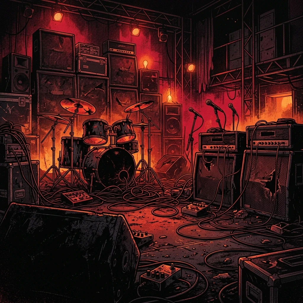 ilustración tributo de un escenario de metal industrial con cables y amplificadores reventados bajo luz carmesí, explosión de energía grindcore contenida, sin rostros ni logos, paleta rojo intenso y negro profundo con destellos anaranjados de calor industrial