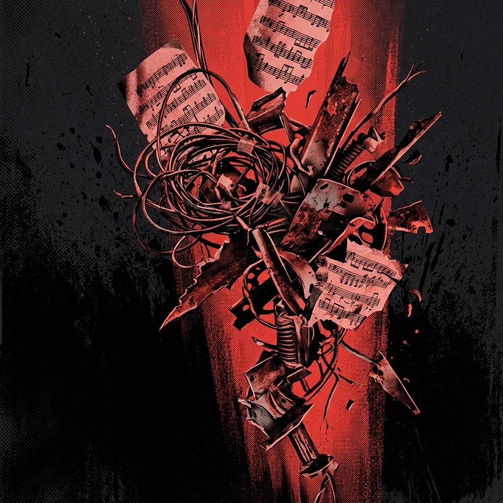 ilustración tributo de un collage de cables eléctricos enredados, metralla de metal y fragmentos de partitura distorsionada flotando en una columna de luz roja, atmósfera grindcore técnico y político, sin texto ni logotipos, paleta rojo sangre y negro absoluto