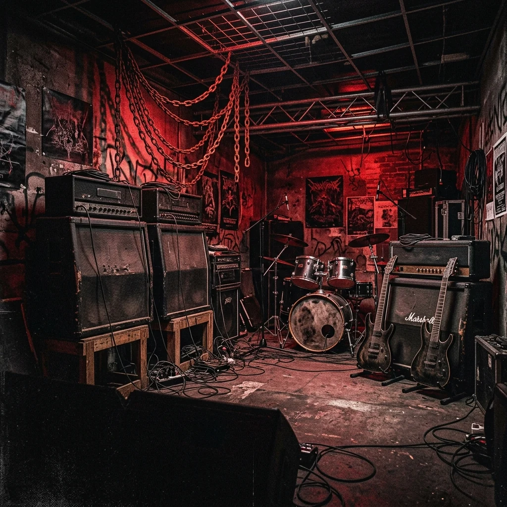ilustración tributo de un sótano de ensayo en Münster con amplificadores apilados y cadenas metálicas colgantes bajo luz roja intensa, atmósfera death metal melódico alemán temprano años 2000, sin rostros reconocibles ni logos, paleta rojo carmesí y negro profundo