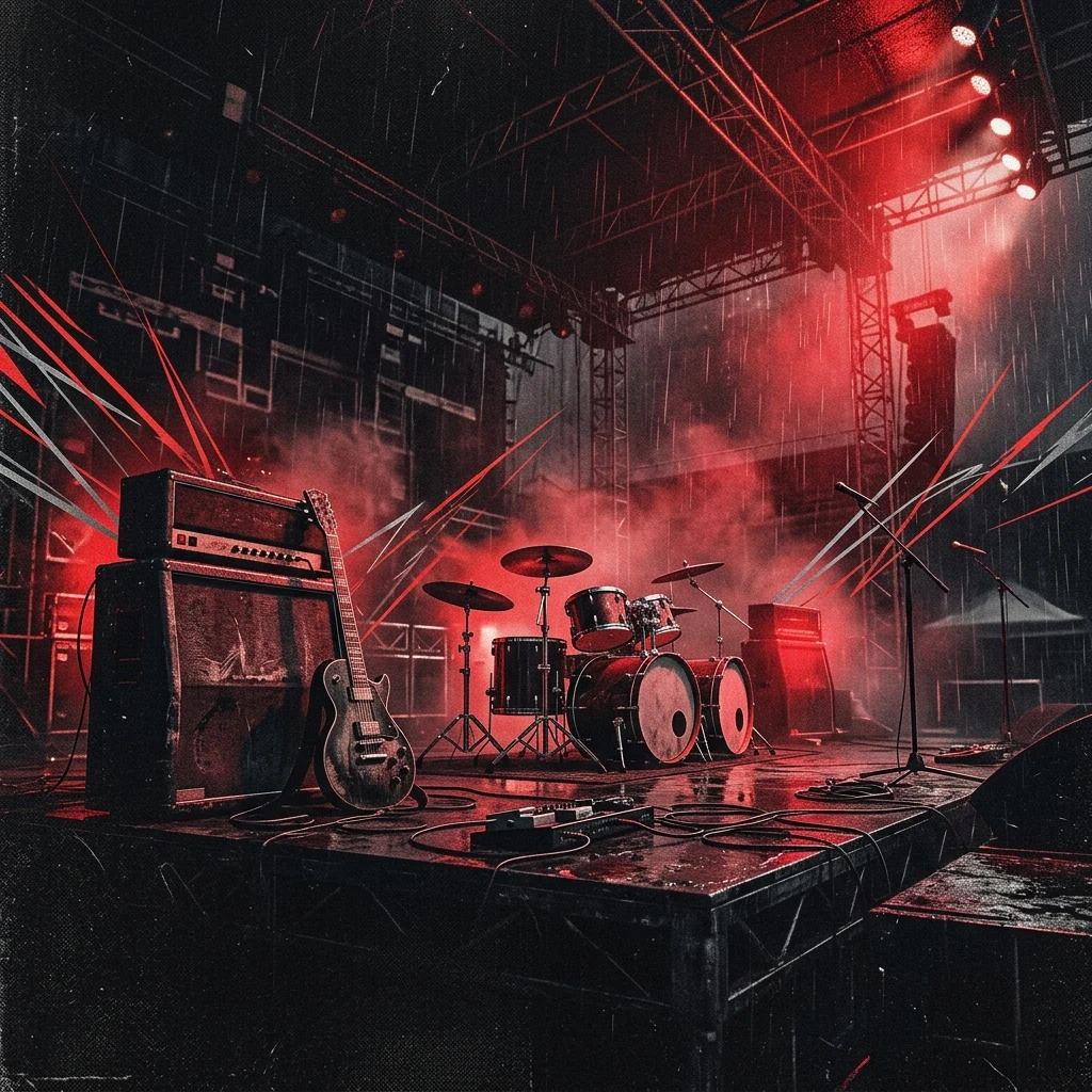 ilustración tributo de un escenario de festival europeo de metal bajo lluvia y luz roja de stage, energía de banda en punto de ebullición, fragmentos de riffs convertidos en líneas de luz, sin rostros ni logos, paleta rojo sangre y negro absoluto con destellos plateados