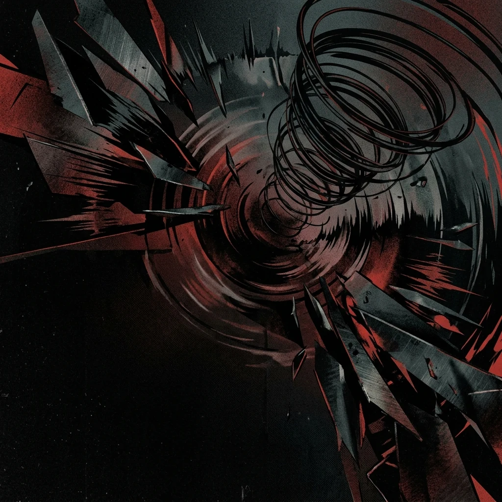 ilustración tributo de un collage de fragmentos de riffs como láminas de acero cortado, blastbeats convertidos en ondas de choque visibles y espirales de melodía oscura suspendidas en el aire, atmósfera death metal melódico técnico y devastador, sin texto ni logotipos, paleta rojo intenso y negro profundo con texturas metálicas