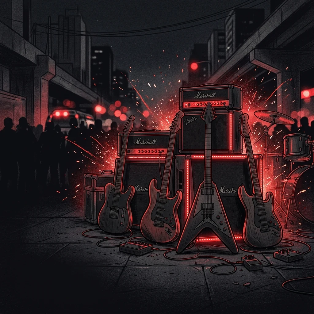ilustración tributo de guitarras eléctricas encendidas en rojo sobre asfalto de São Paulo, chispas metálicas y redobles de batería, atmósfera de thrash metal urbano Brasil, paleta rojo y negro, sin rostros reconocibles ni logos
