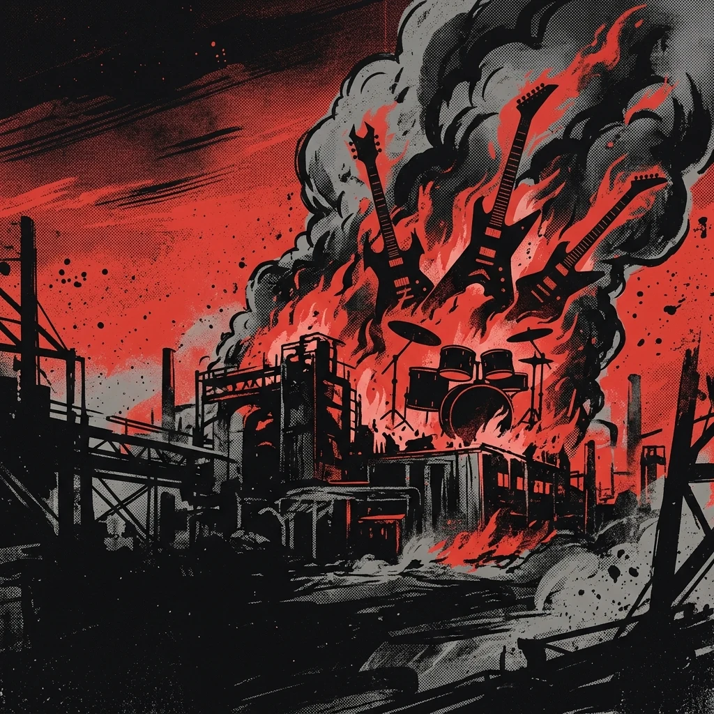 ilustración tributo de una fábrica industrial en llamas con siluetas de guitarras y batería emergiendo del humo, atmósfera de death thrash moderno, paleta rojo intenso y negro profundo, sin rostros ni logos