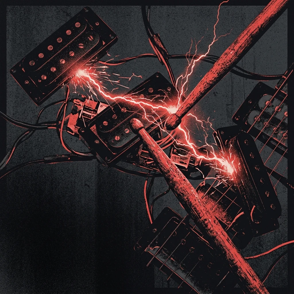 ilustración tributo de un collage de pastillas de guitarra de metal, varillas de batería en movimiento y chispas eléctricas sobre acero negro, paleta rojo y negro, sin texto ni logotipos