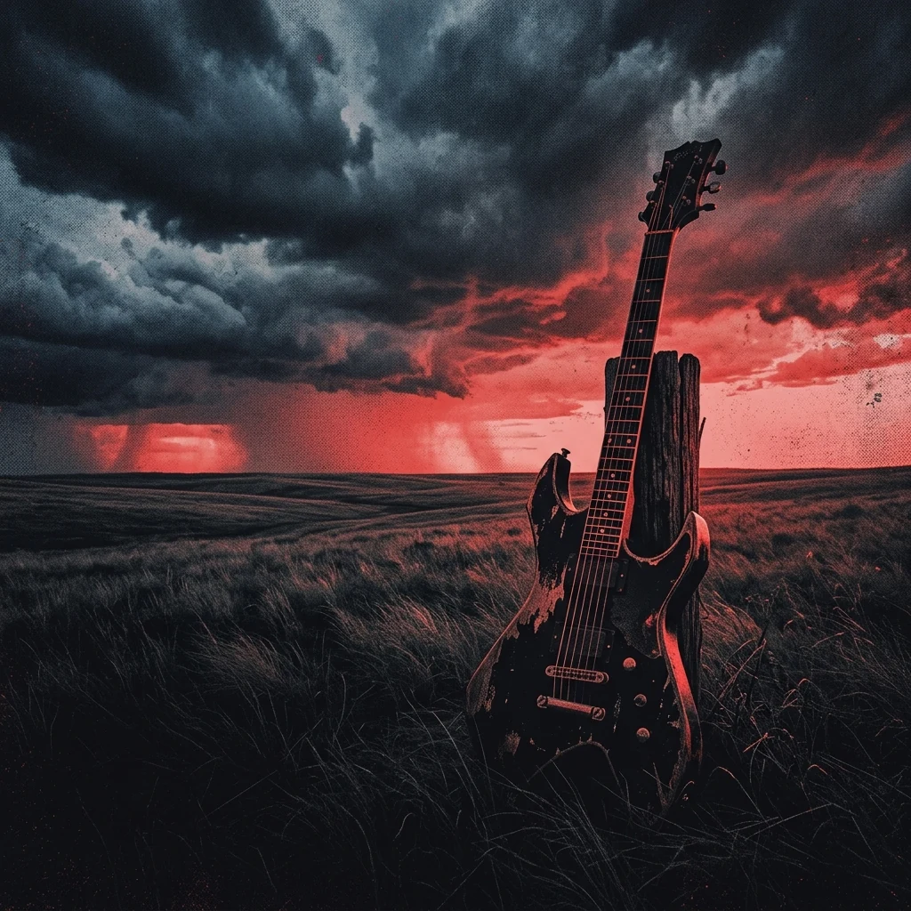 ilustración tributo de una guitarra eléctrica de cuerdas pesadas sobre el horizonte infinito de las praderas canadienses bajo un cielo tormentoso, atmósfera post-grunge cruda y emotiva, paleta rojo y negro, sin rostros reconocibles ni logos