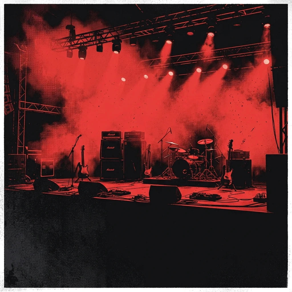 ilustración tributo de un escenario de estadio iluminado con focos rojos sobre una multitud sin rostros, guitarras en silueta y humo de máquina, atmósfera de rock masivo de los 2000, paleta rojo y negro, sin logos ni tipografía