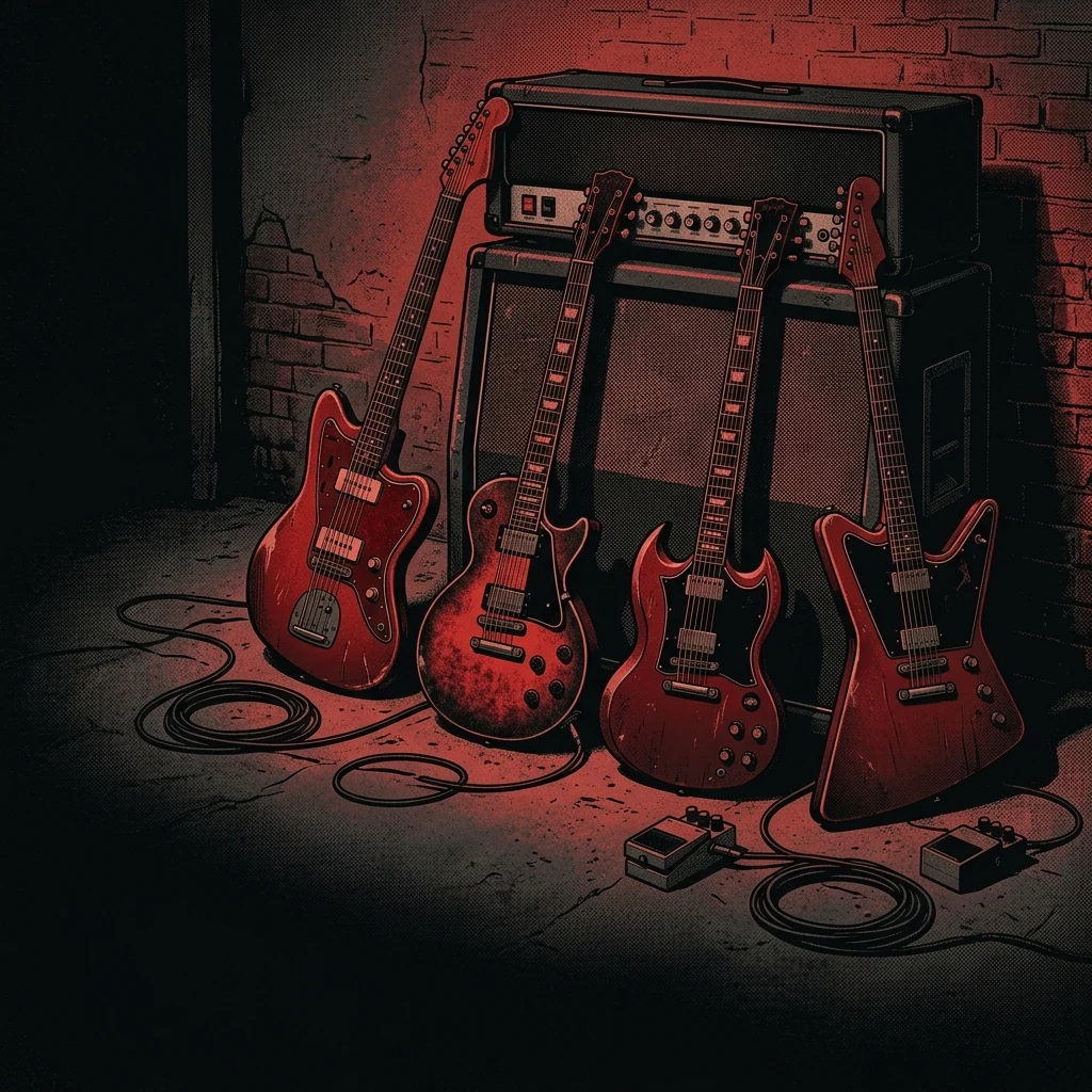 ilustración tributo de cuatro guitarras eléctricas apoyadas contra un amplificador en un cuarto oscuro iluminado por luz roja, estética post-grunge de los 2000, paleta rojo y negro, sin texto ni logotipos visibles