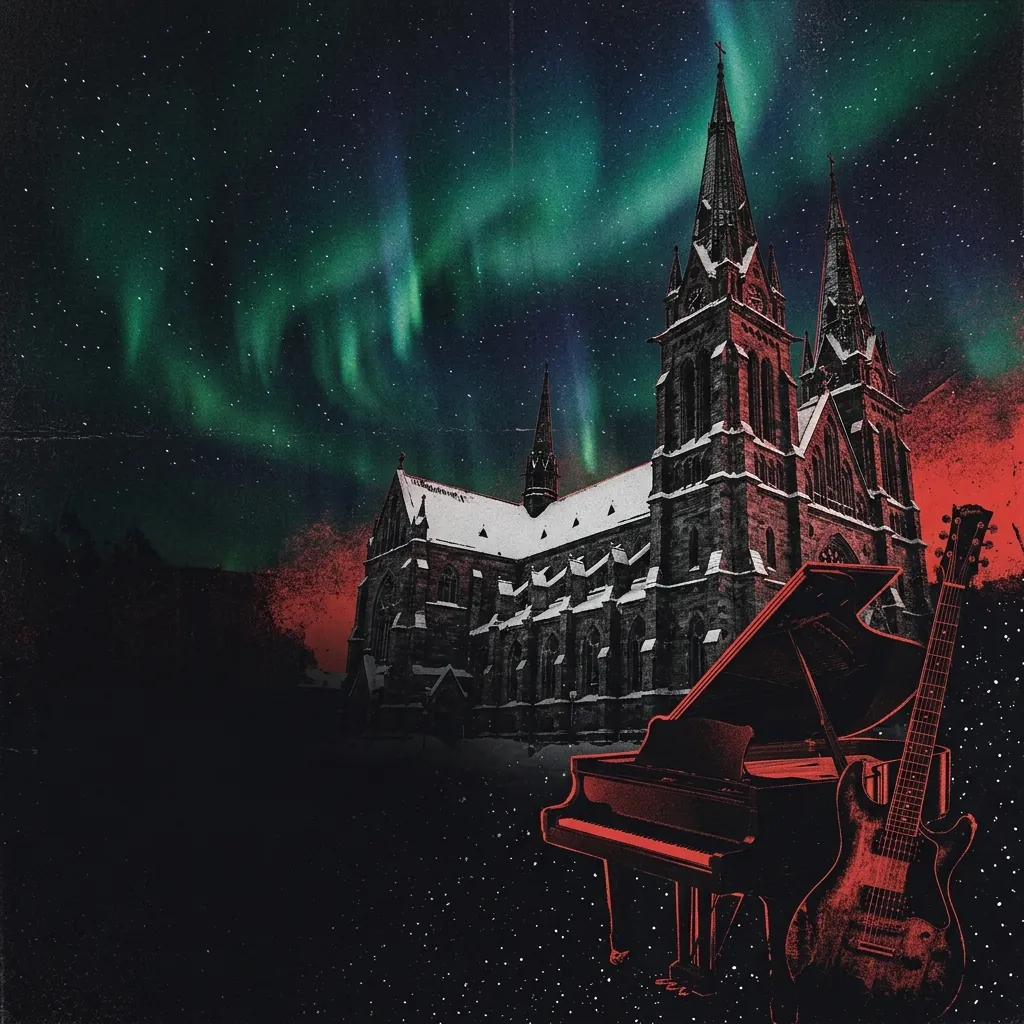 ilustración tributo de una catedral gótica nevada bajo una aurora boreal, teclado de cola y guitarra eléctrica superpuestos sobre un cielo estrellado de Finlandia, atmósfera épica y misteriosa, paleta rojo y negro, sin rostros ni logos