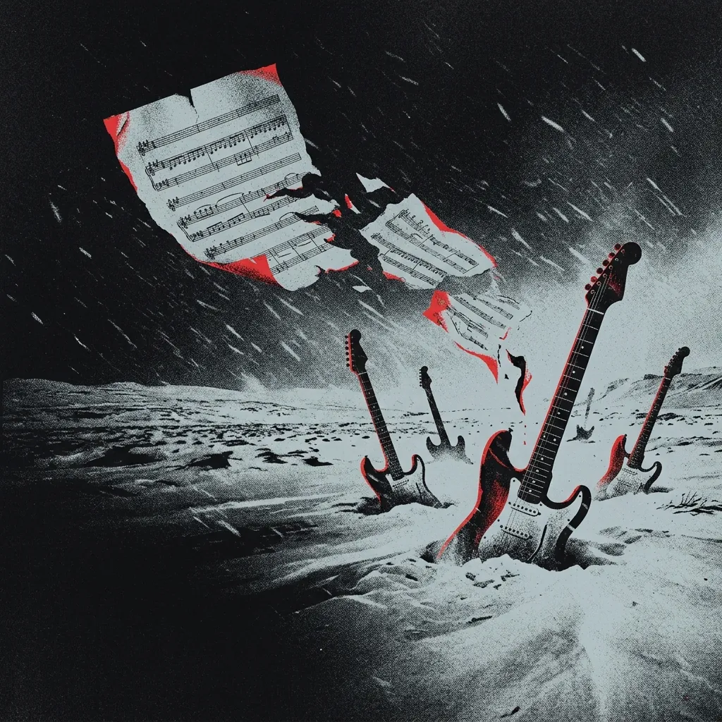 ilustración tributo de una partitura orquestal rasgada flotando sobre un paisaje de tundra finlandesa bajo una tormenta de nieve, guitarras eléctricas emergiendo de la nieve, simbolismo de ruptura y renacimiento, paleta rojo y negro, sin rostros ni logos