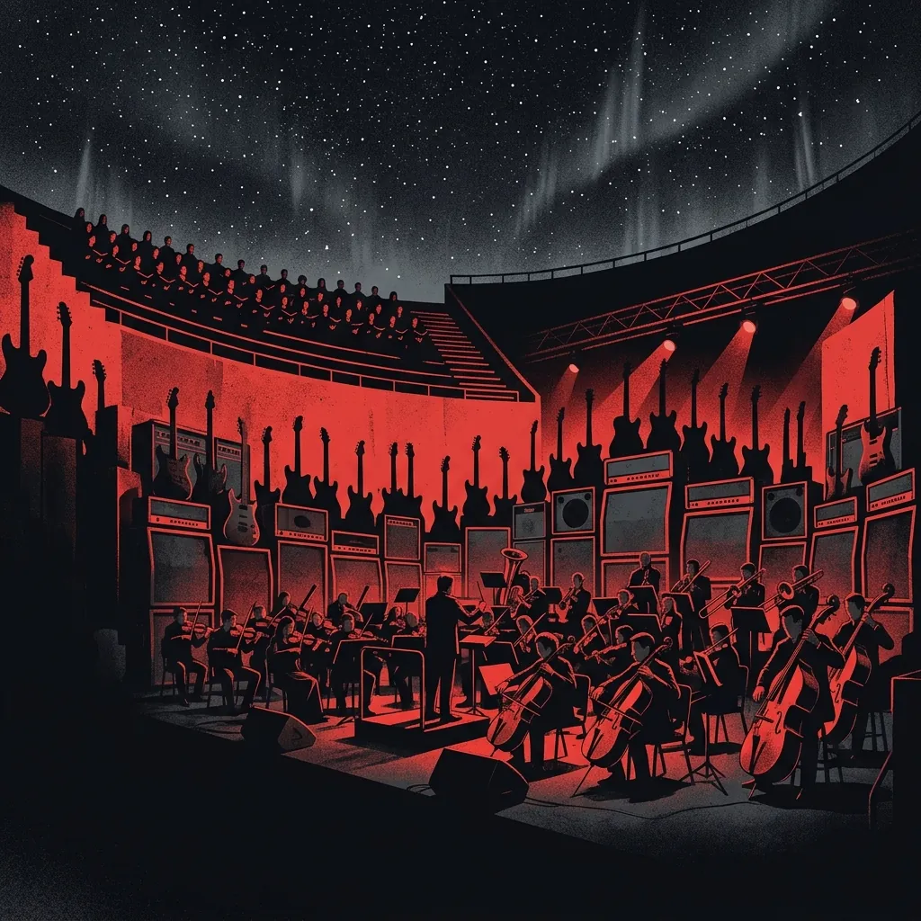 ilustración tributo de una gran orquesta sinfónica entrelazada con amplificadores y guitarras eléctricas sobre un escenario de dimensiones épicas, coros en gradería bajo una bóveda estrellada de invierno finlandés, paleta rojo y negro, sin texto ni logotipos