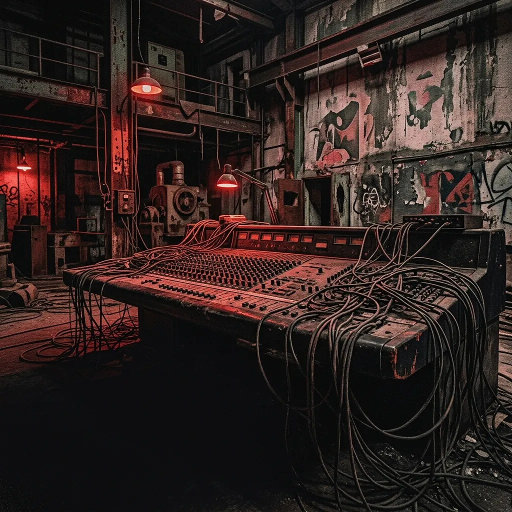 ilustración tributo de una sala de grabación industrial abandonada con consolas analógicas y cables entrelazados bajo una luz roja tenue, maquinaria oxidada al fondo, sin rostros reconocibles ni logos, paleta rojo y negro