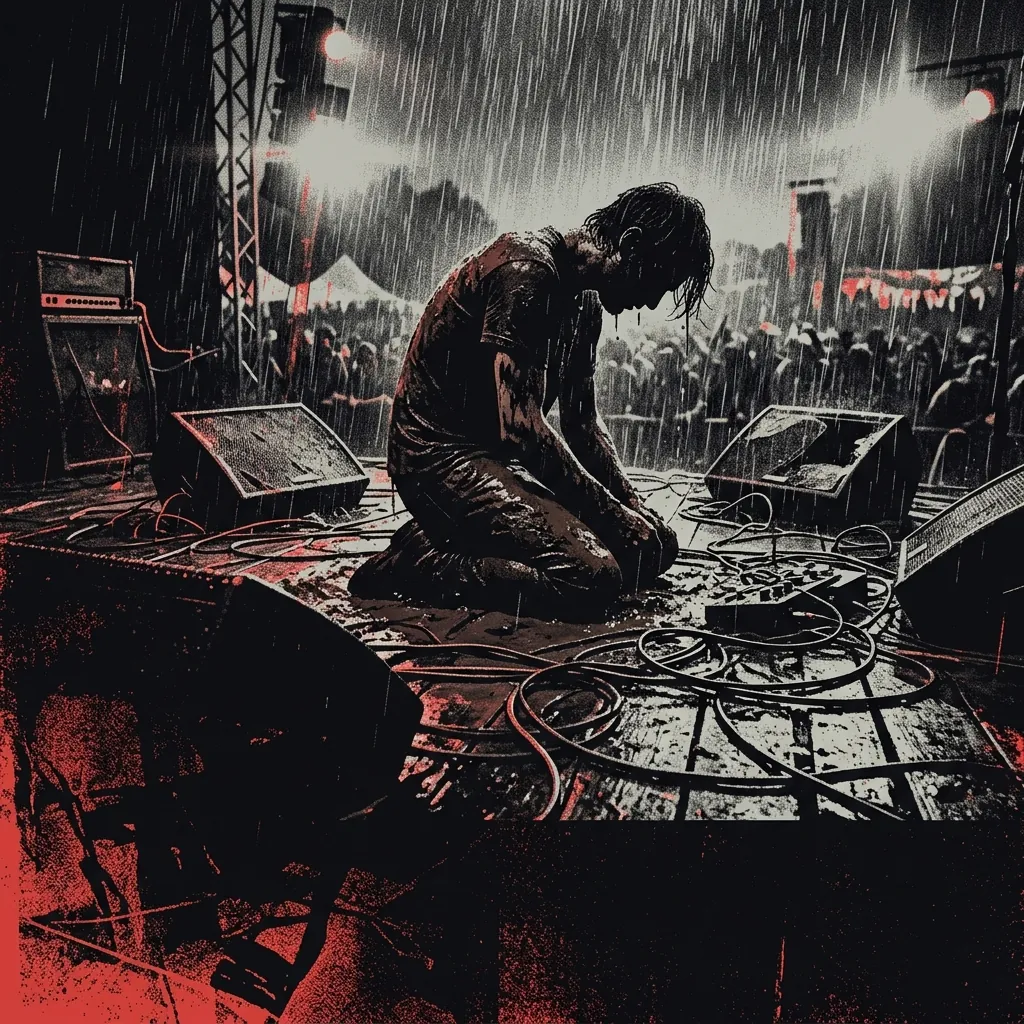 ilustración tributo de una figura solitaria cubierta de barro en un escenario al aire libre bajo lluvia, cables y amplificadores destrozados alrededor, atmósfera caótica y catártica, paleta rojo y negro, sin rostros reconocibles