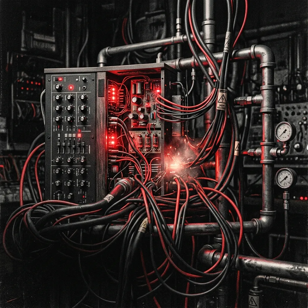 ilustración tributo de un sintetizador analógico fusionado con tuberías industriales y cables de alta tensión, destellos de circuitos en rojo sobre fondo negro, sin texto ni logotipos, paleta rojo y negro