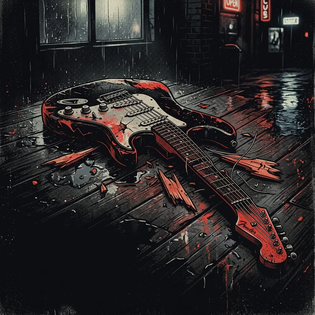 ilustración tributo de una guitarra eléctrica destrozada sobre un suelo de madera mojado por la lluvia de Seattle, atmósfera oscura y eléctrica, paleta rojo y negro, sin rostros reconocibles ni logos