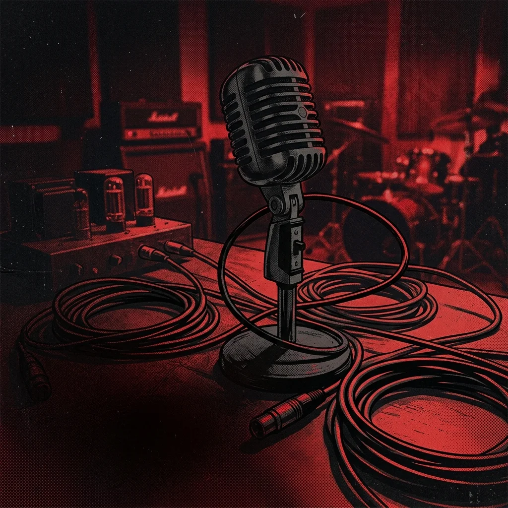 ilustración tributo de un micrófono vintage rodeado de cables en un estudio a media luz, atmósfera de intimidad y tensión creativa, paleta rojo y negro, sin rostros ni logos